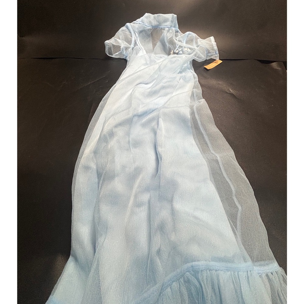 CAARA Melody Light Blue Sheer Organza Maxi Dress Set Ruffle Hem Bow Back XS NEW - Picture 2 of 7